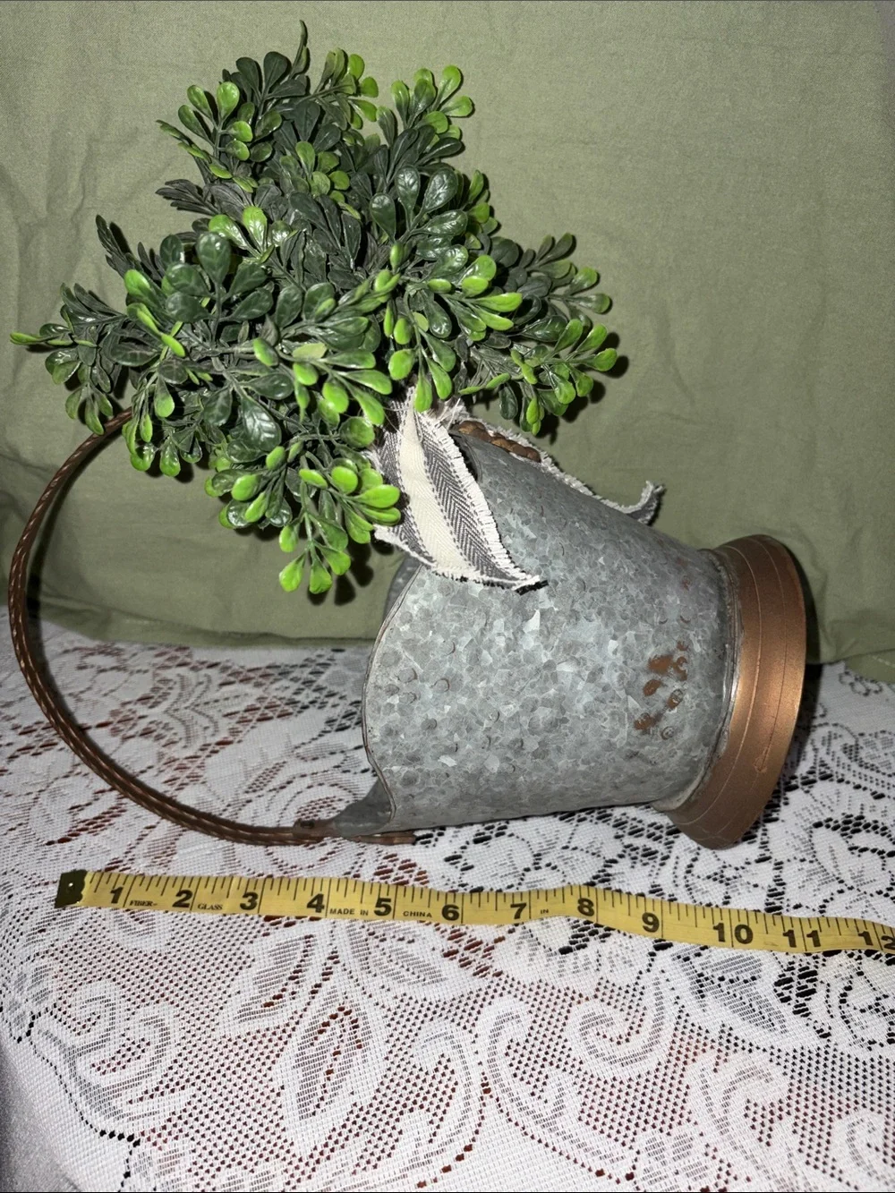 Rustic Gray Metal Bucket with Green Faux Boxwood Accent